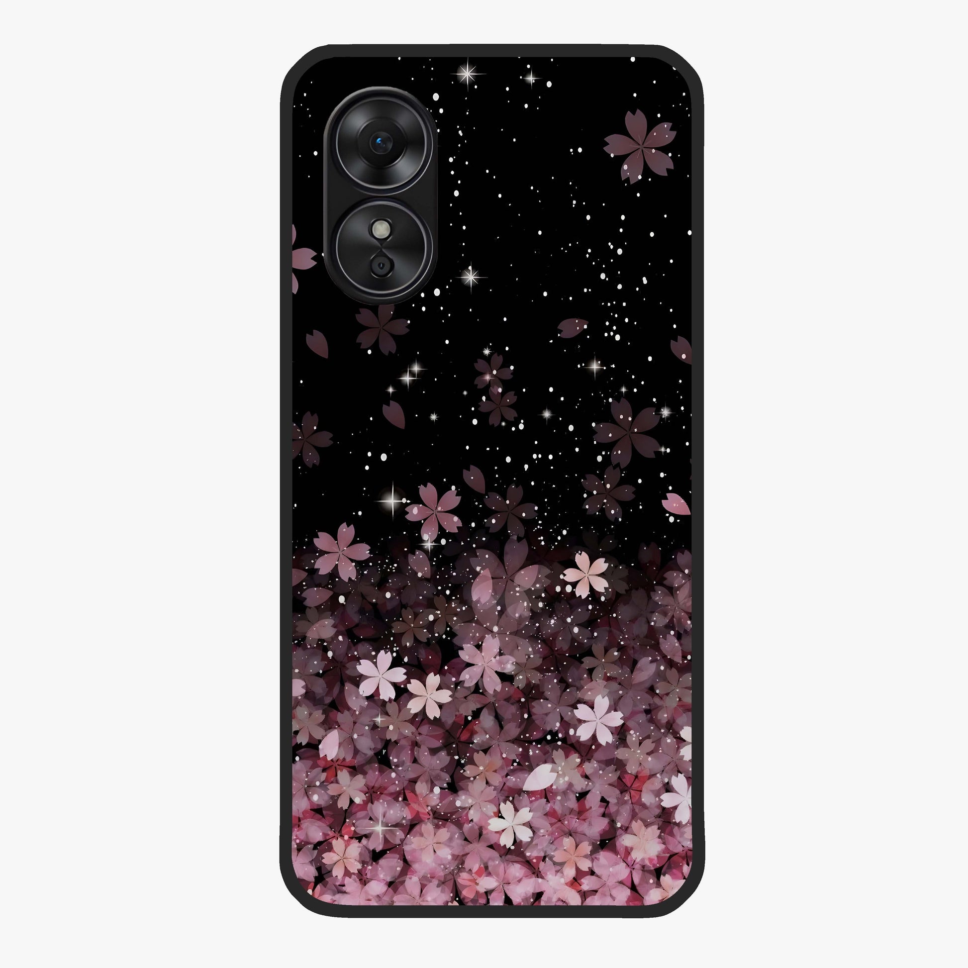 Small Starry Flowers Glass Case showing flat back view with delicate starry floral artwork and glossy glass finish.