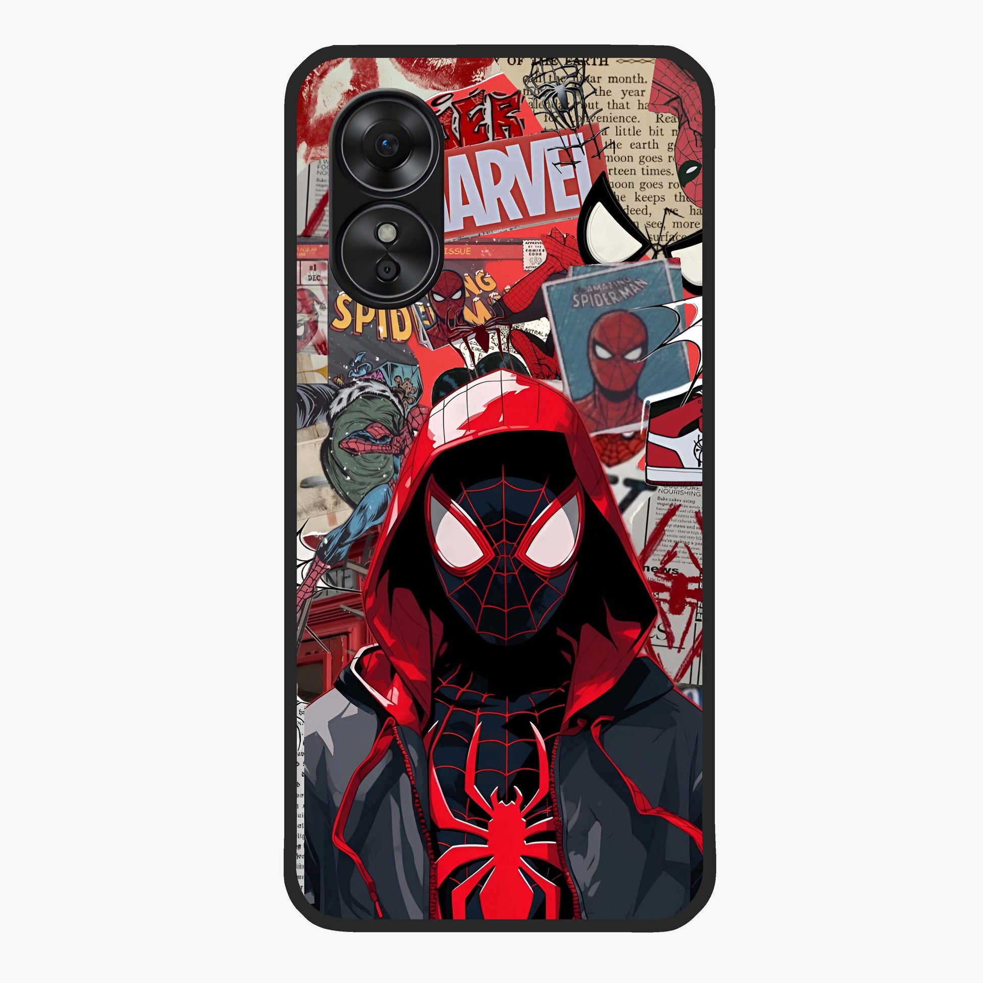 Spider Collage Street Glass Case showing flat back view with vibrant superhero collage artwork and glossy glass finish.