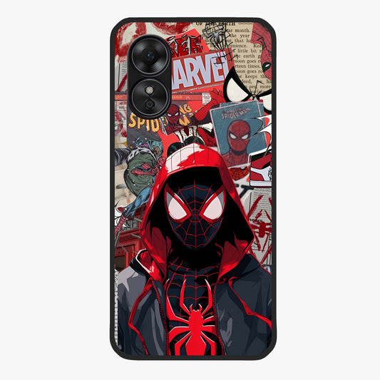 Spider Collage Street Glass Case showing flat back view with vibrant superhero collage artwork and glossy glass finish.