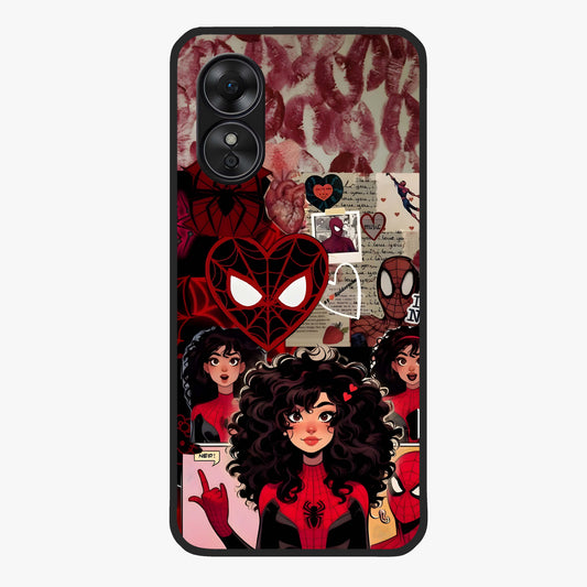 Spider Love Story Glass Case showing flat back view with romantic superhero themed artwork and glossy glass finish.