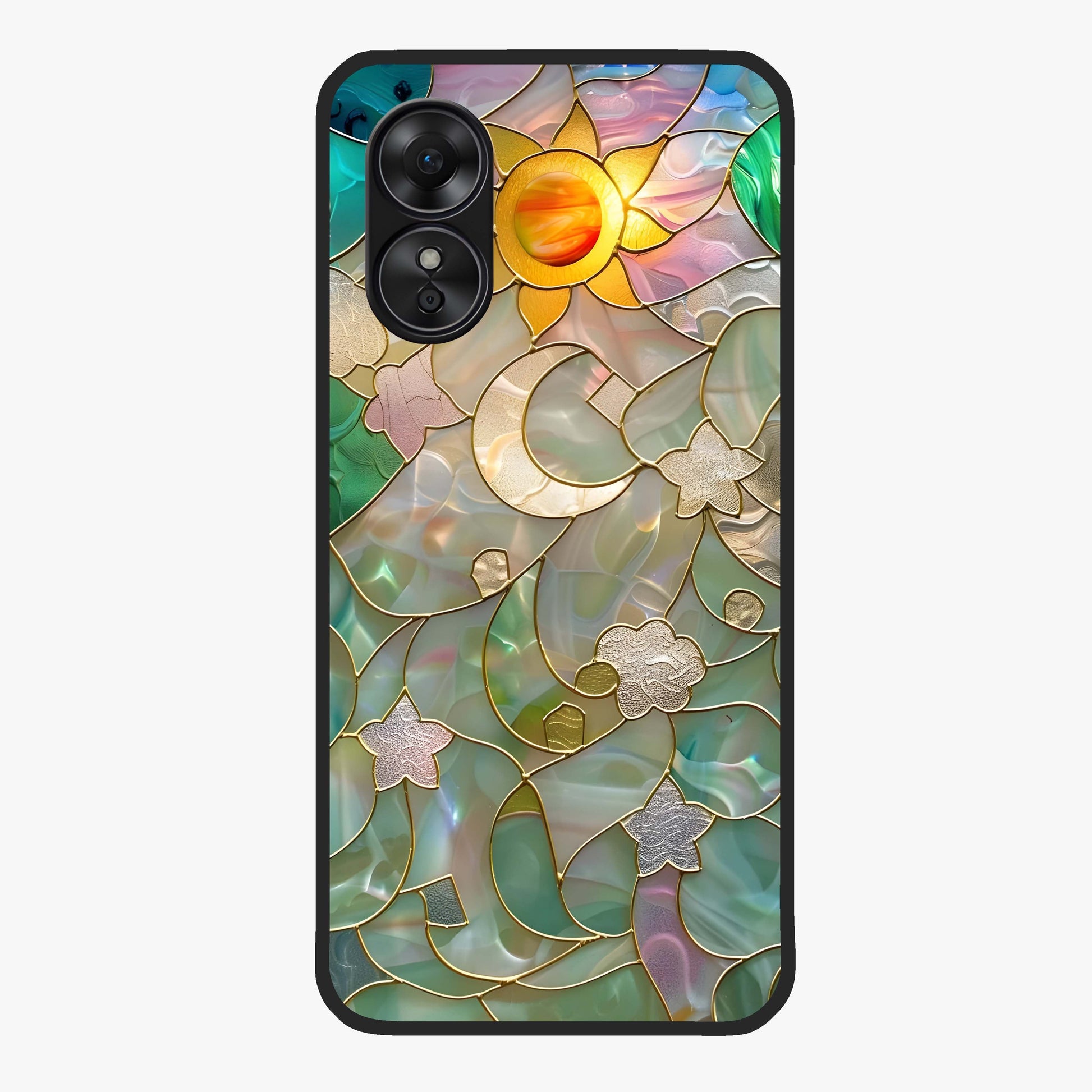 Stained Sunrise Glow Glass Case showing flat back view with glowing sunrise stained pattern artwork and glossy glass finish.