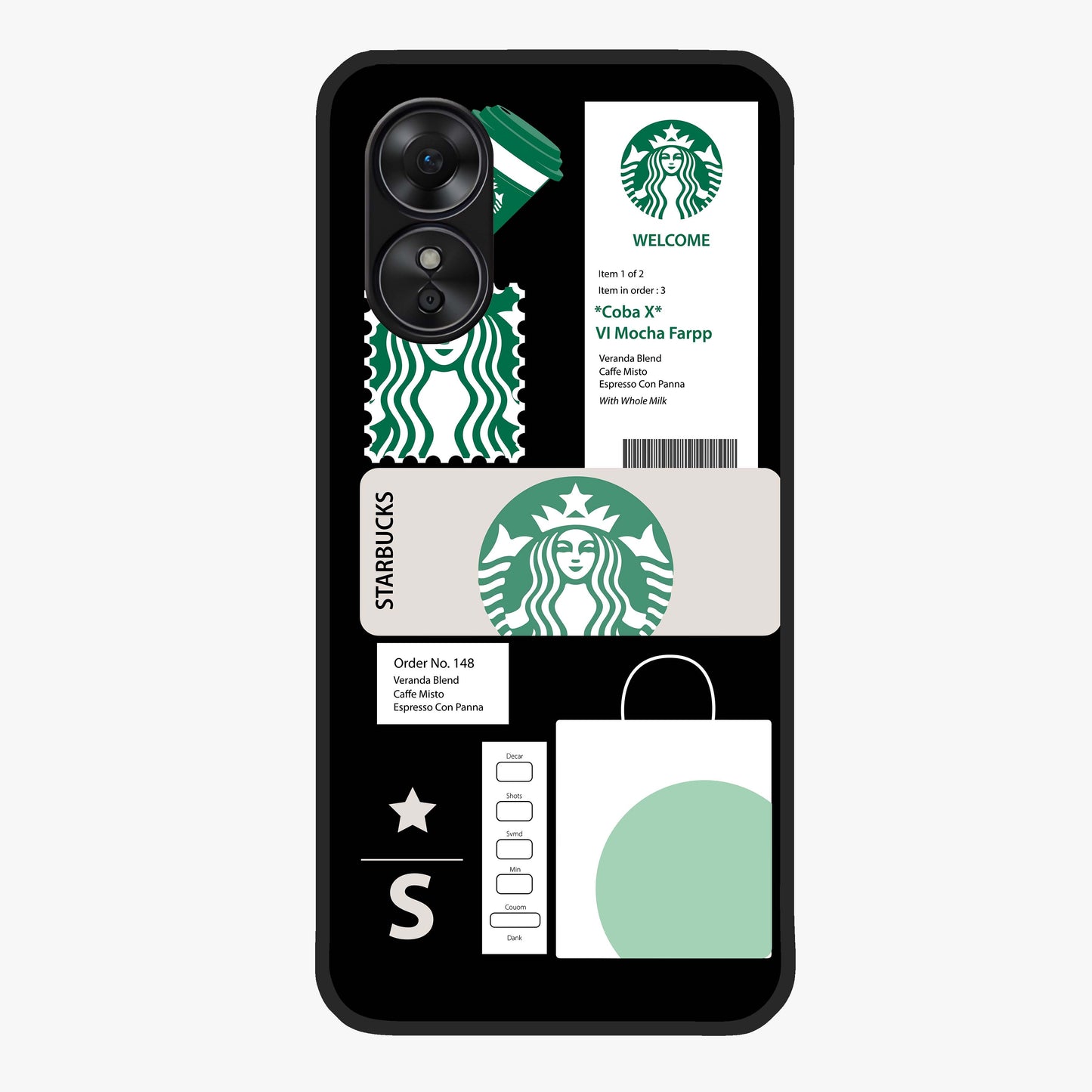 Starbucks Mocha Glass Case showing flat back view with coffee inspired artwork and glossy glass finish.