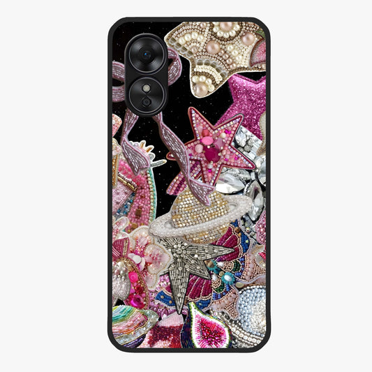 Starlit Jewel Dream Glass Case showing flat back view with sparkling jewel and star themed artwork and glossy glass finish.