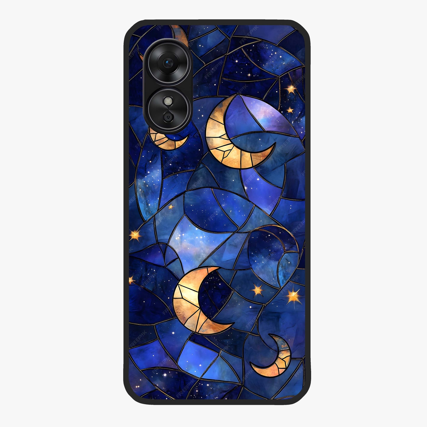 Starlit Sky Tapestry Glass Case showing flat back view with decorative starry sky tapestry artwork and glossy glass finish.