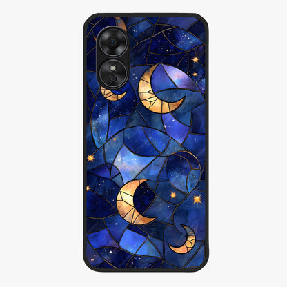 Starlit Sky Tapestry Glass Case showing flat back view with decorative starry sky tapestry artwork and glossy glass finish.