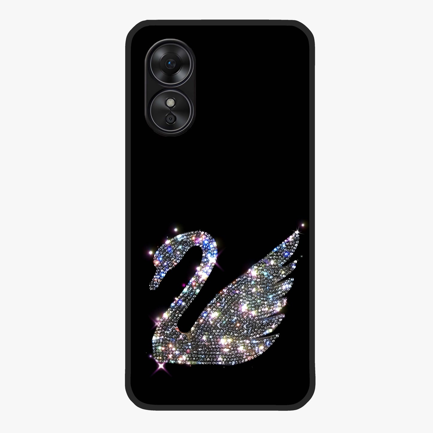 Starlit Swan Grace Glass Case showing flat back view with graceful swan artwork under starry sky and glossy glass finish.