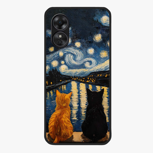 Starry River Cats Glass Case showing flat back view with cats by a starry river artwork and glossy glass finish.