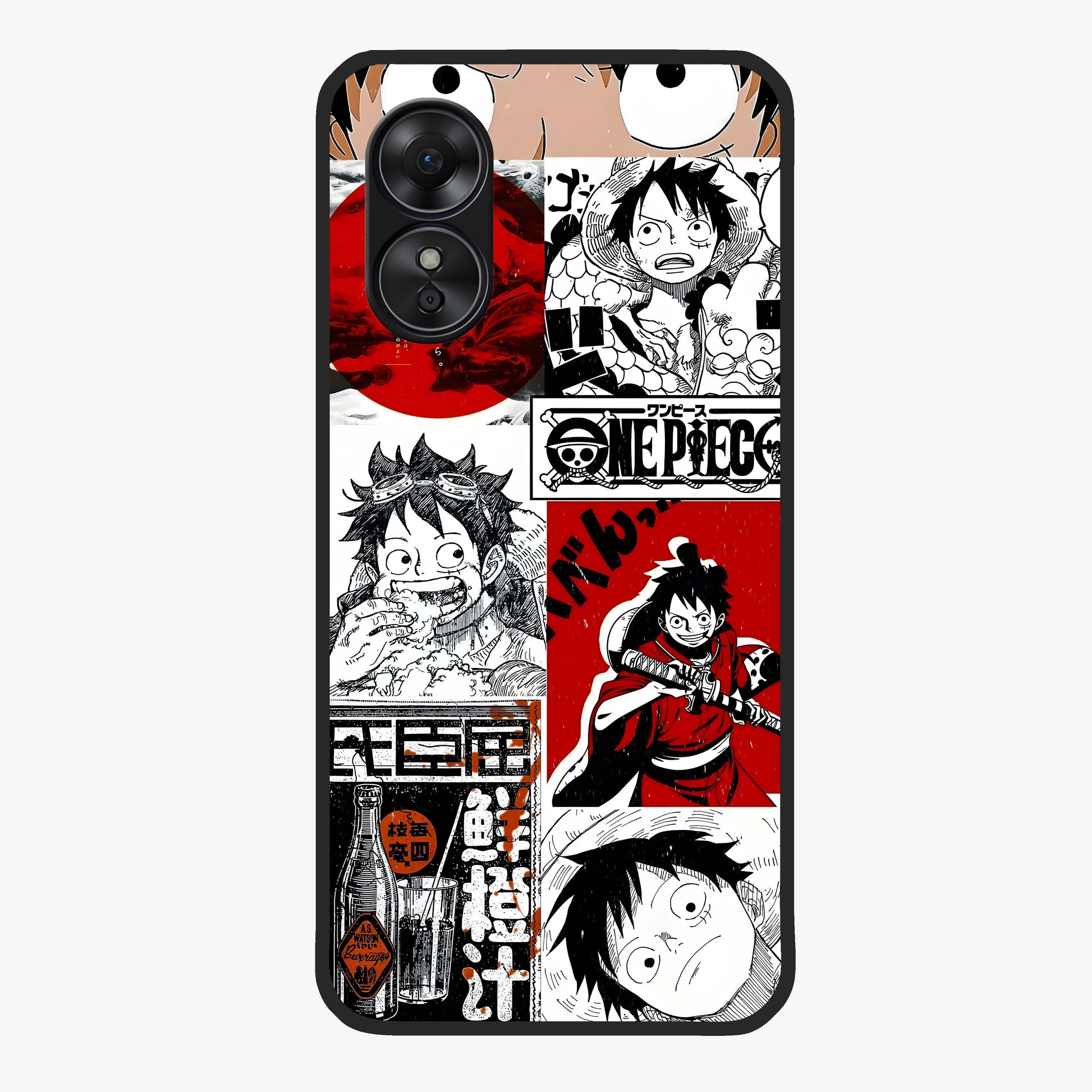 Strawhat Chaos Panels Glass Case showing flat back view with anime inspired chaos panel artwork and glossy glass finish.