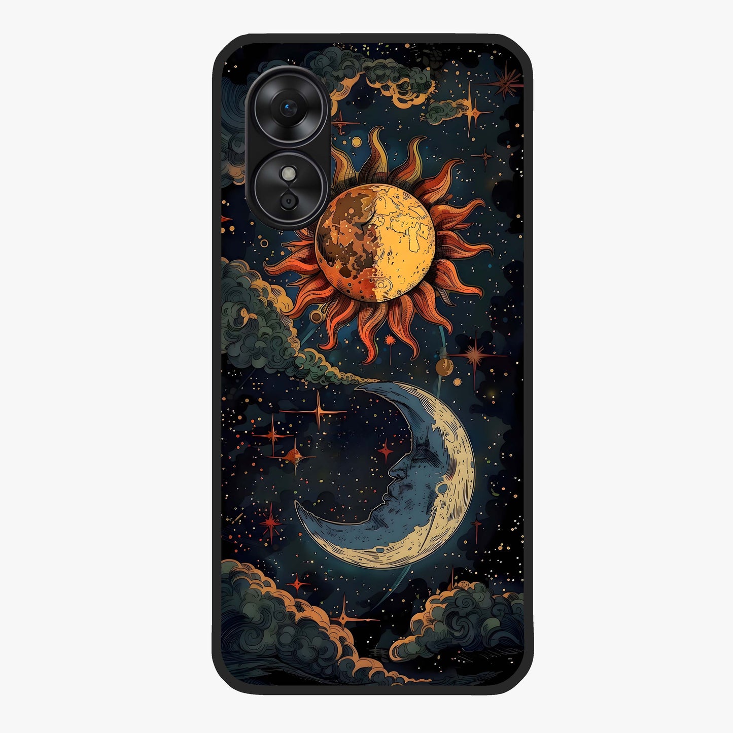 Sun And Moon Magic Design Glass Case showing flat back view with mystical sun and moon artwork and glossy glass finish.