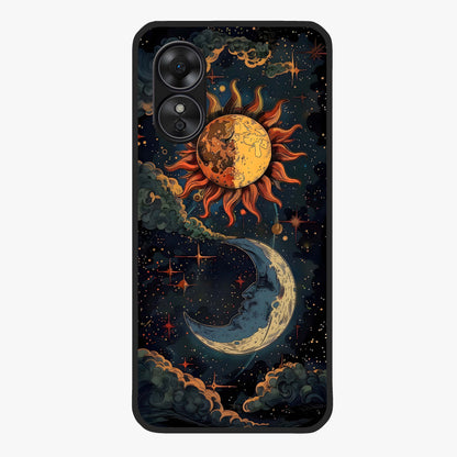 Sun And Moon Magic Design Glass Case showing flat back view with mystical sun and moon artwork and glossy glass finish.