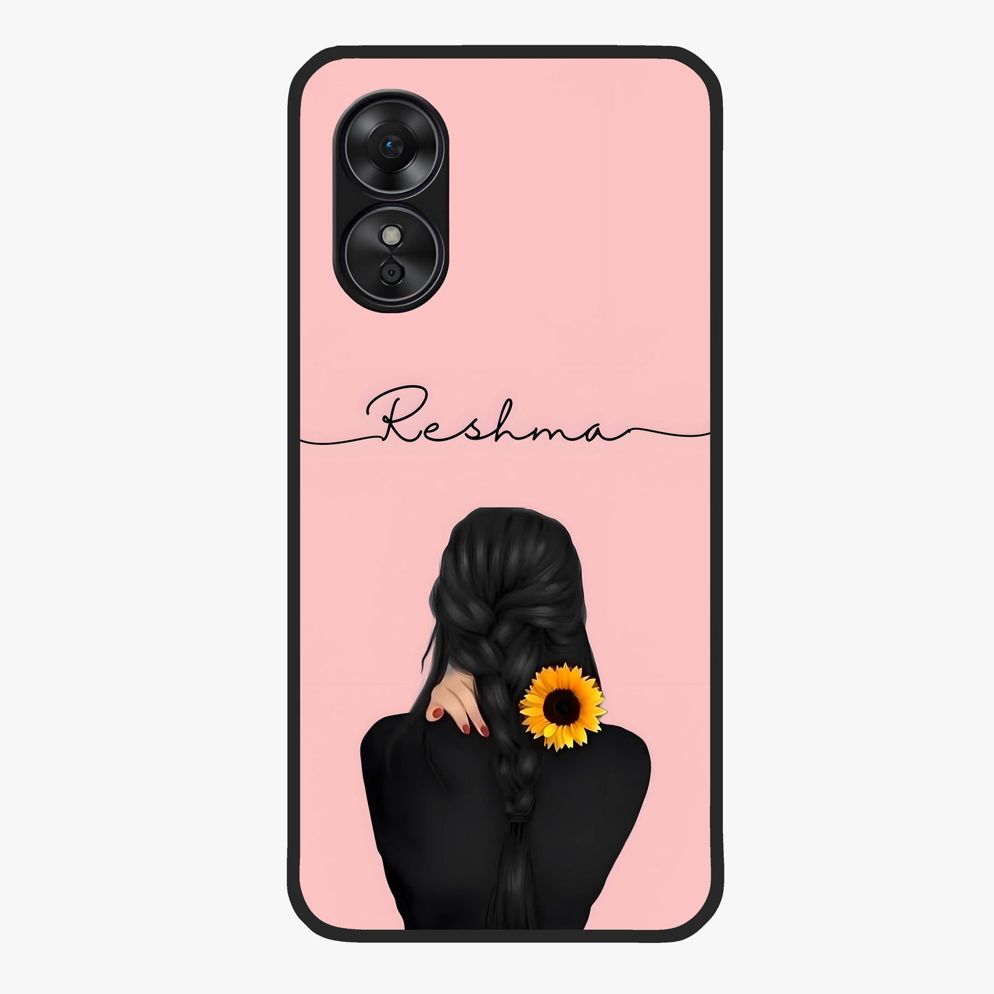 Sunflower Braid Beauty With Custom Name Glass Case showing flat back view with sunflower braid artwork and personalized name design.