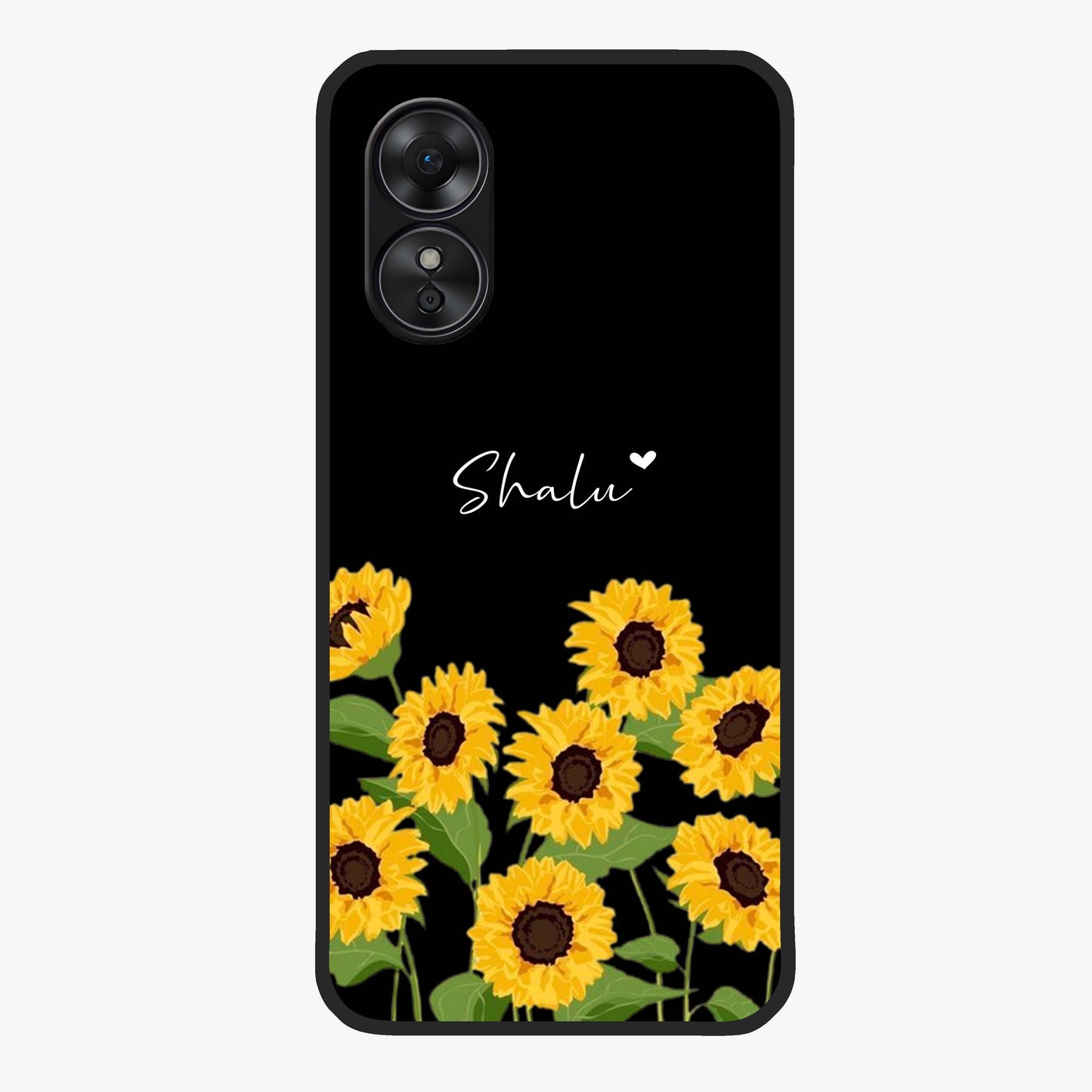 Sunflower Chic Mood Custom Name Glass Case showing flat back view with stylish sunflower artwork and personalized name design.