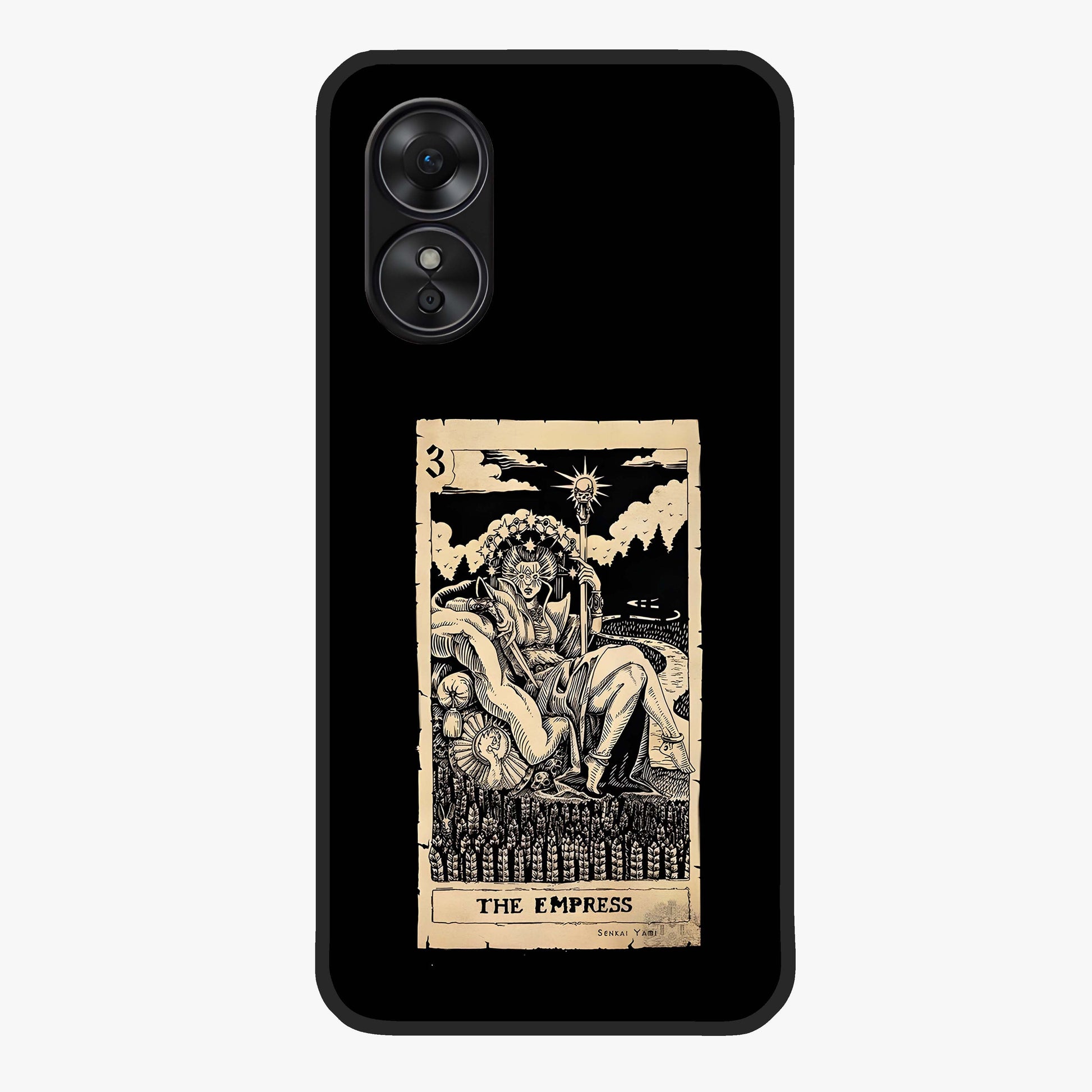 The Empress Glass Case showing flat back view with regal feminine artwork and glossy glass finish.