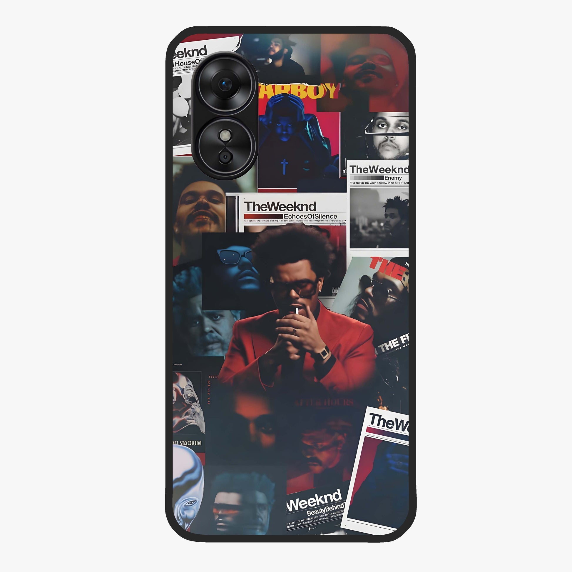 The Weeknd Glass Case showing flat back view with music inspired artistic portrait artwork and glossy glass finish.