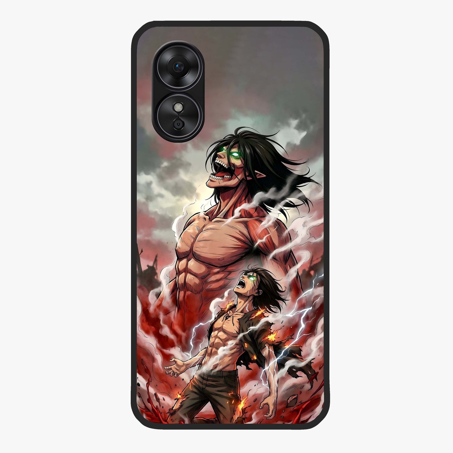 Titan Awakening Fury Glass Case showing flat back view with powerful titan inspired artwork and glossy glass finish.