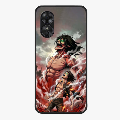 Titan Awakening Fury Glass Case showing flat back view with powerful titan inspired artwork and glossy glass finish.