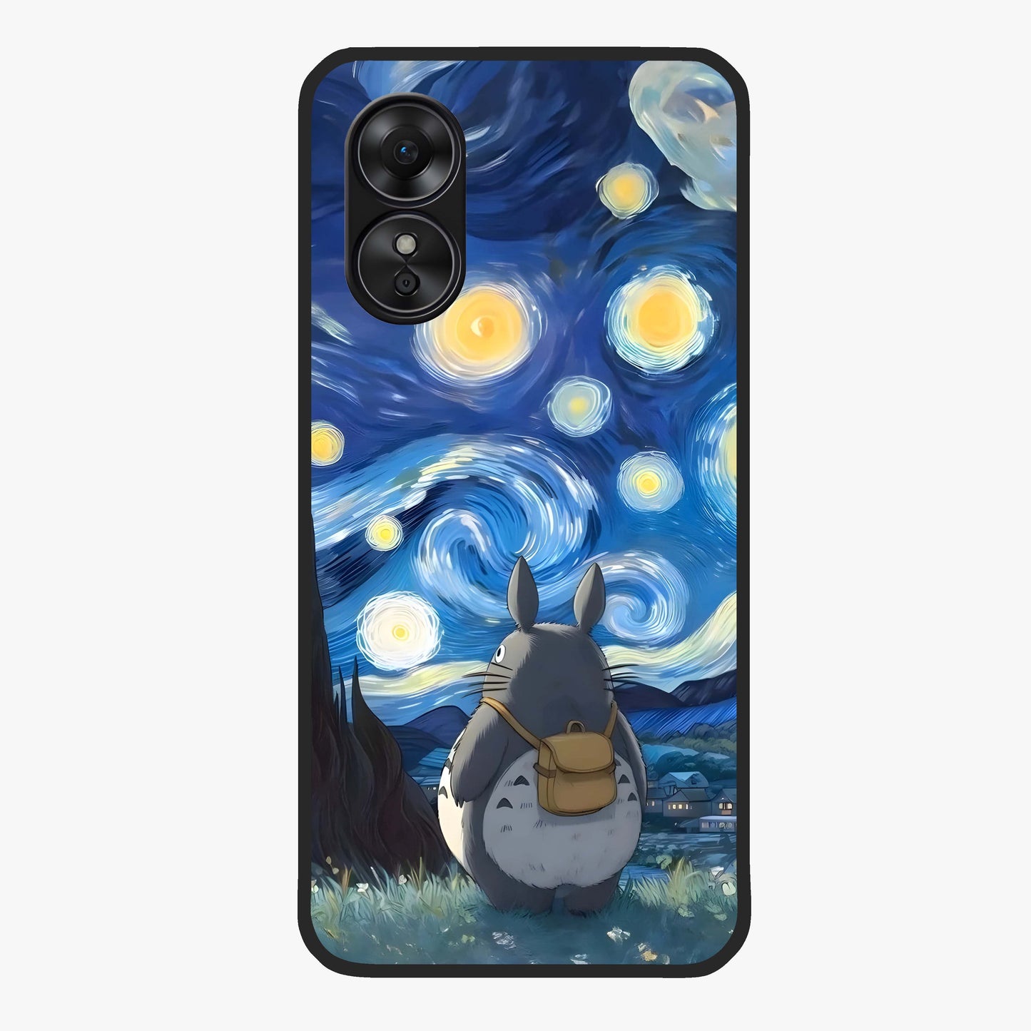 Totoro In Van Gogh Art Glass Case showing flat back view with whimsical character artwork inspired by Van Gogh style and glossy glass finish.