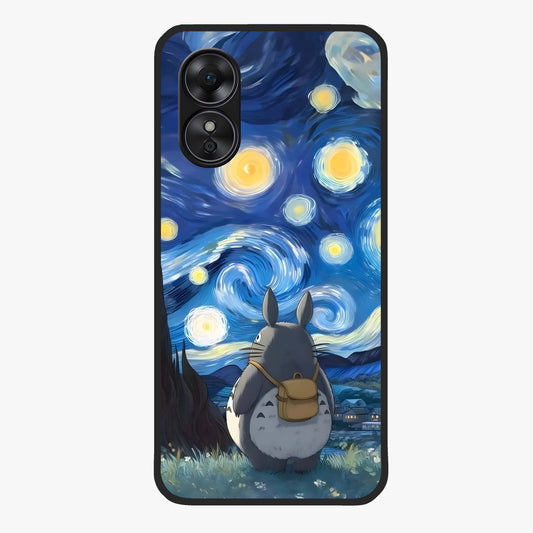 Totoro In Van Gogh Art Glass Case showing flat back view with whimsical character artwork inspired by Van Gogh style and glossy glass finish.