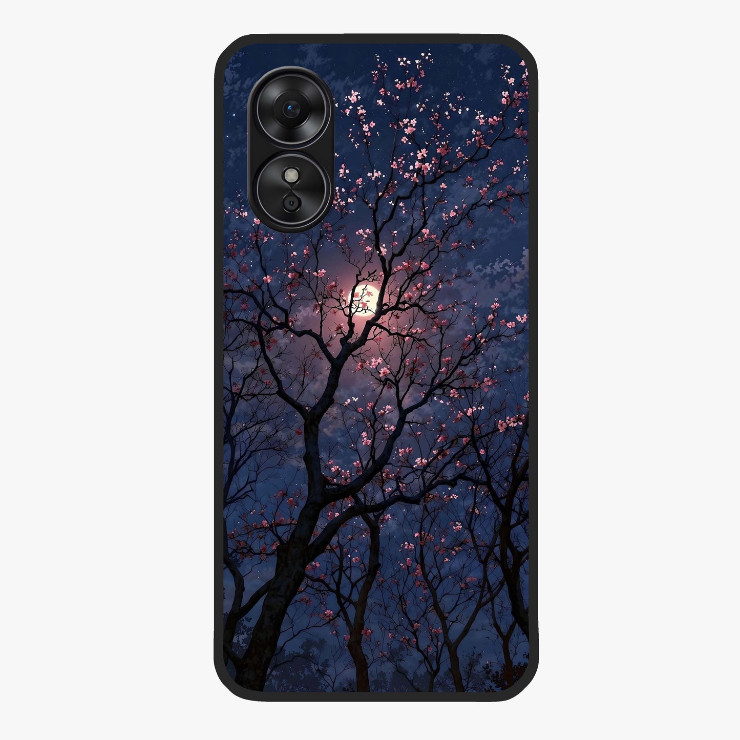Twilight Sakura Serenade Glass Case showing flat back view with cherry blossom artwork at twilight and glossy glass finish.