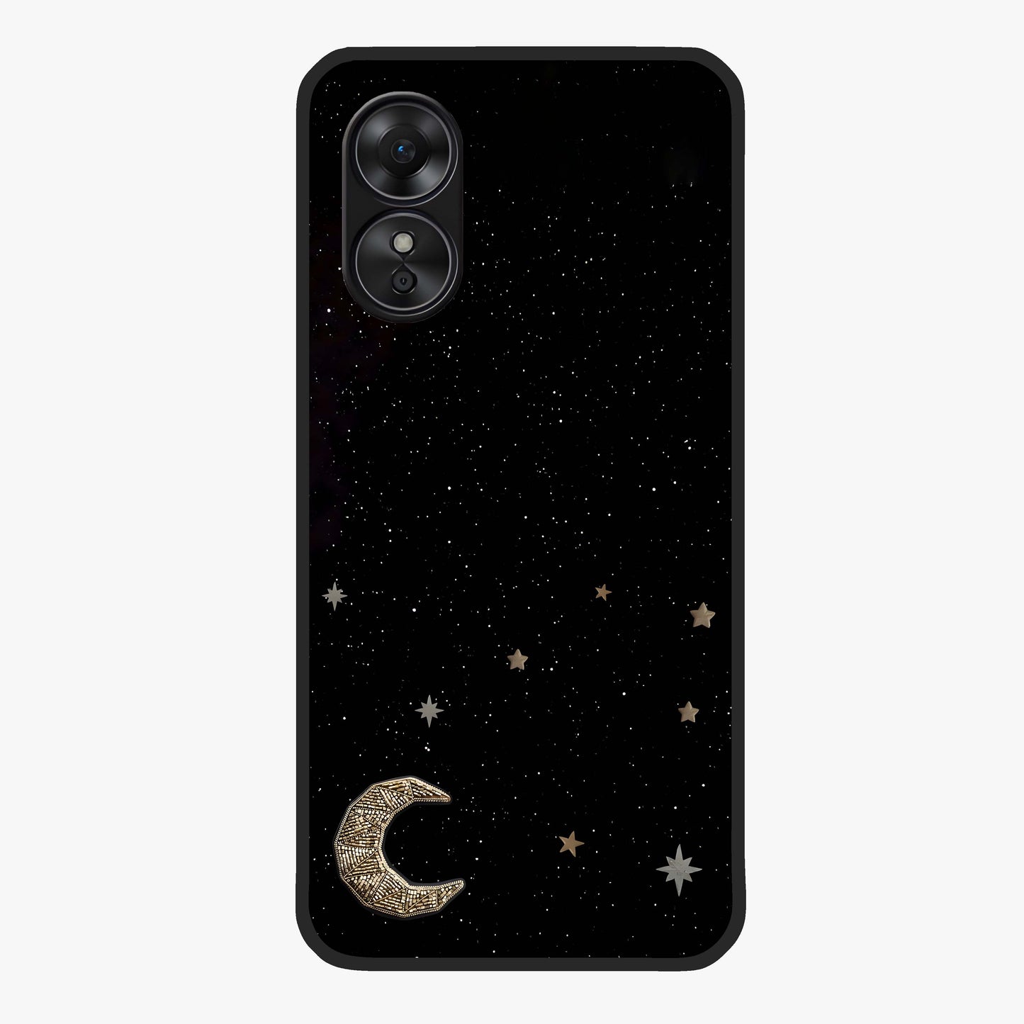 Twinkle Star With Half Moon Glass Case showing flat back view with star and half moon artwork and glossy glass finish.