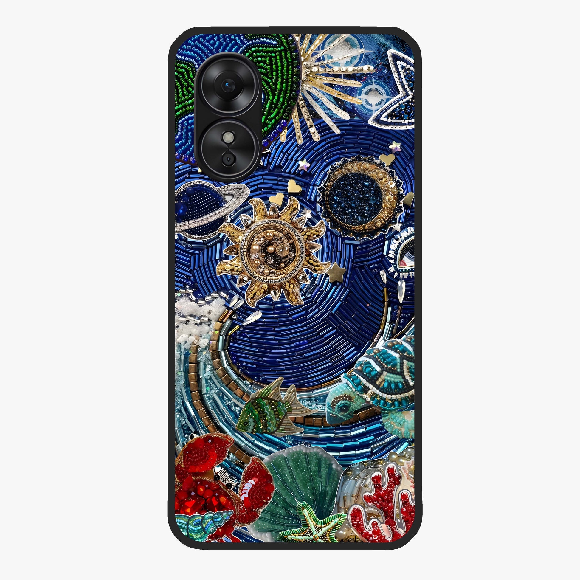 Universe Underwater Spark Glass Case showing flat back view with cosmic underwater themed artwork and glossy glass finish.