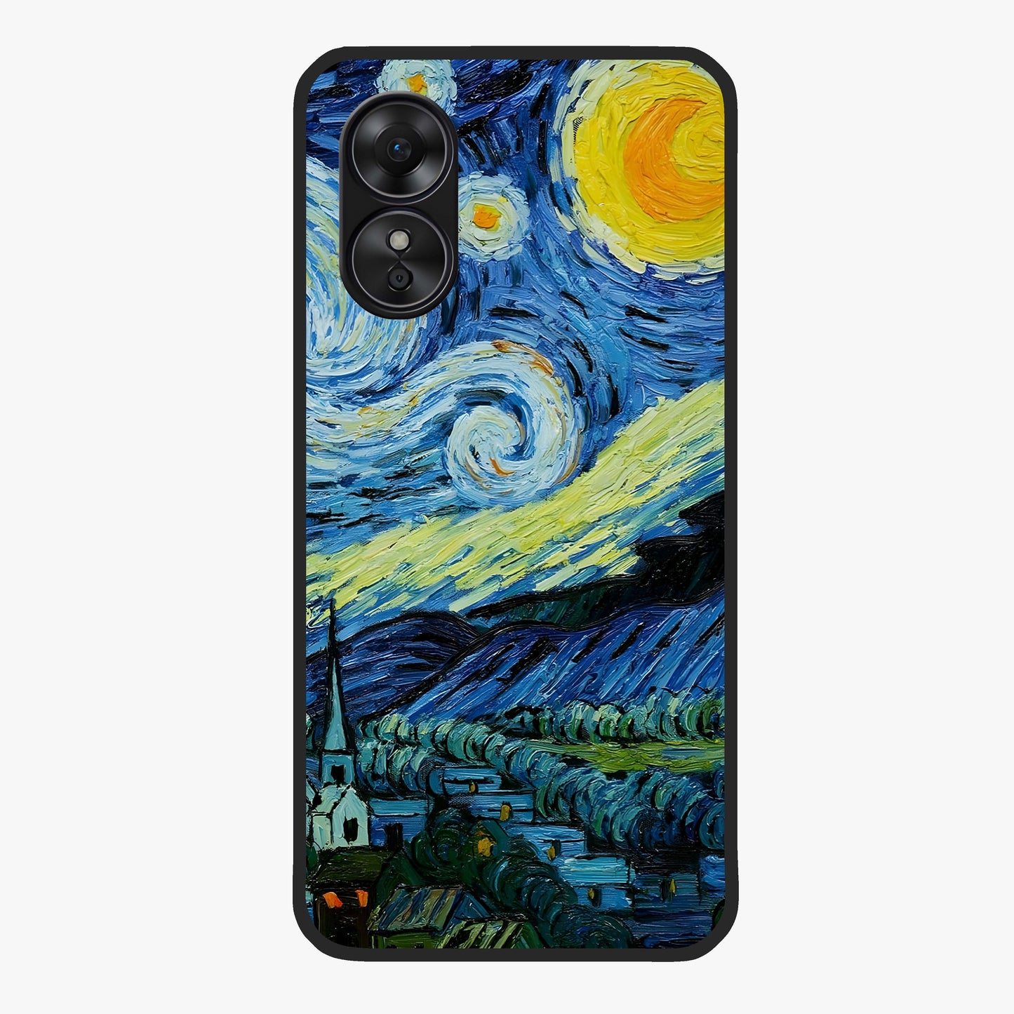 Van Gogh Art Glass Case showing flat back view with classic painterly artwork inspired by Van Gogh style and glossy glass finish.