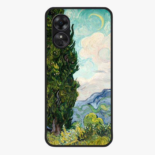 Van Gogh Vintage Art Glass Case showing flat back view with vintage painterly artwork inspired by Van Gogh style and glossy glass finish.