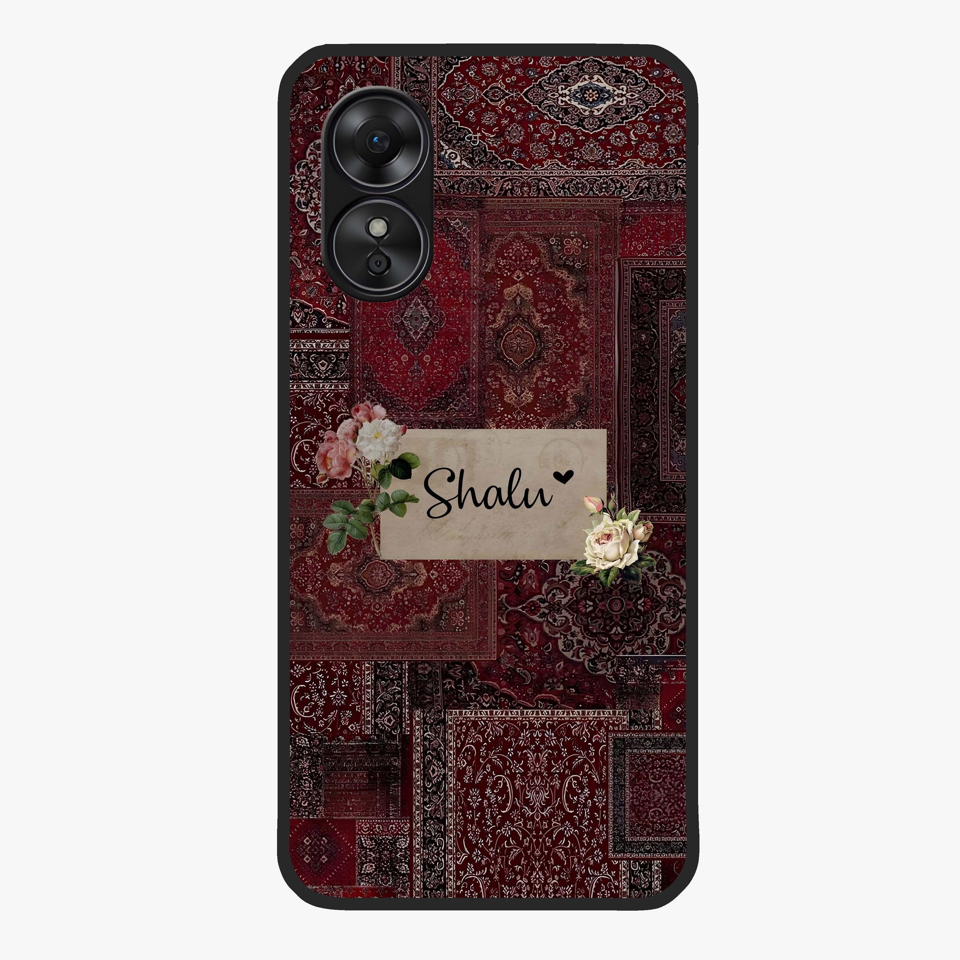 Velvet Wine Pattern Custom Name Glass Case showing flat back view with elegant wine colored pattern artwork and personalized name design.