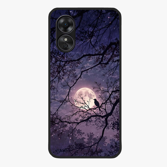 Whispering Moon Silence Glass Case showing flat back view with serene moon themed artwork and glossy glass finish.