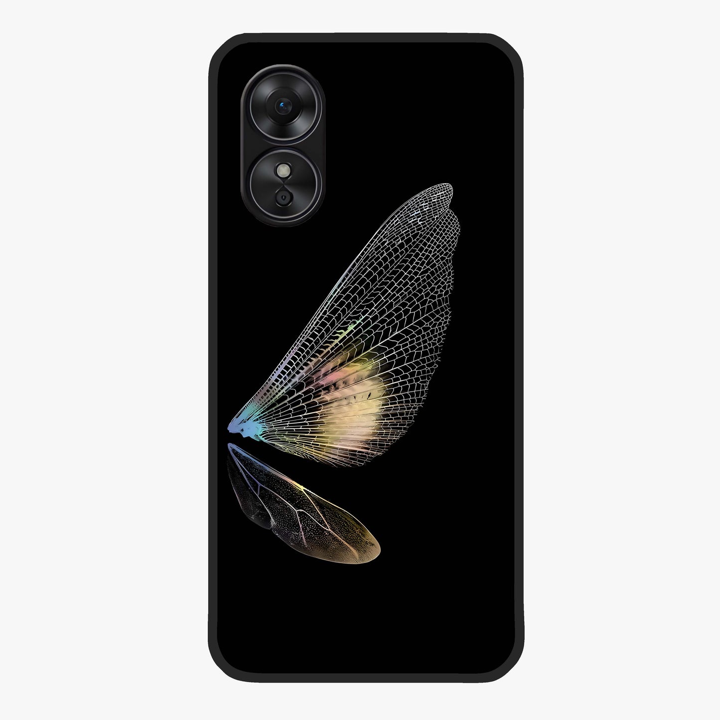 Whispers Of Wings Glass Case showing flat back view with graceful wing inspired artwork and glossy glass finish.