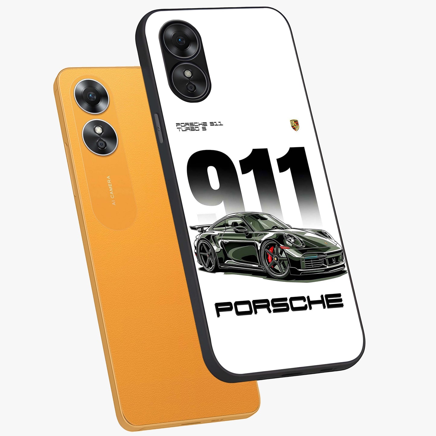 911 Turbo Dominance Glass Case displayed in premium angled mockup highlighting sporty car illustration and sleek glass surface.