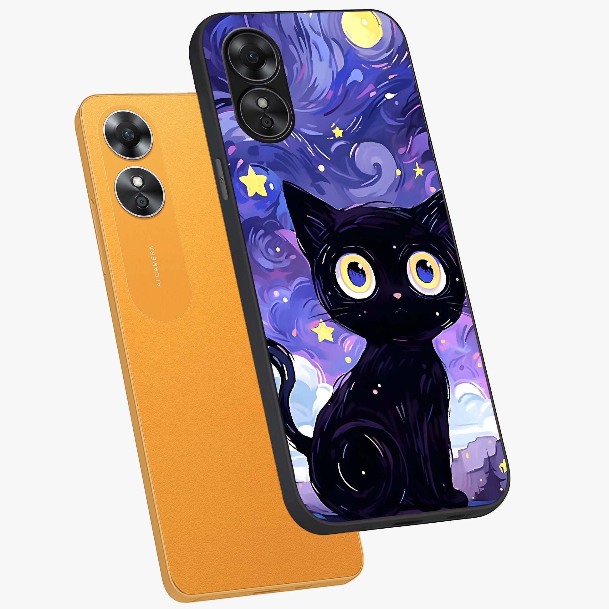 Abstract Cat Art Glass Case displayed in angled mockup highlighting modern abstract cat artwork and sleek glass surface.