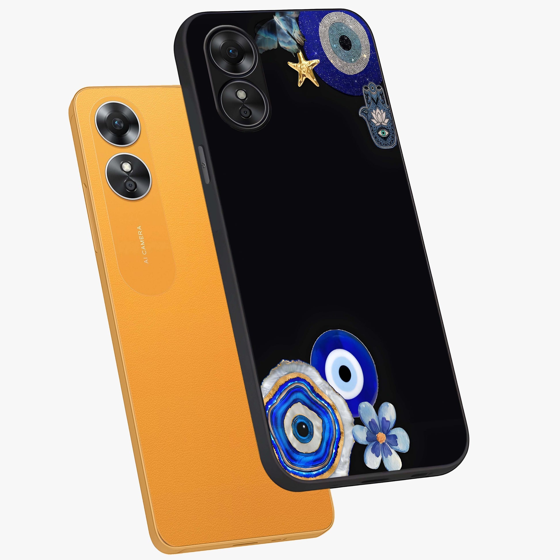 Aesthetic Blue Evil Eye Glass Case displayed in angled mockup highlighting blue evil eye symbol and spiritual aesthetic design.