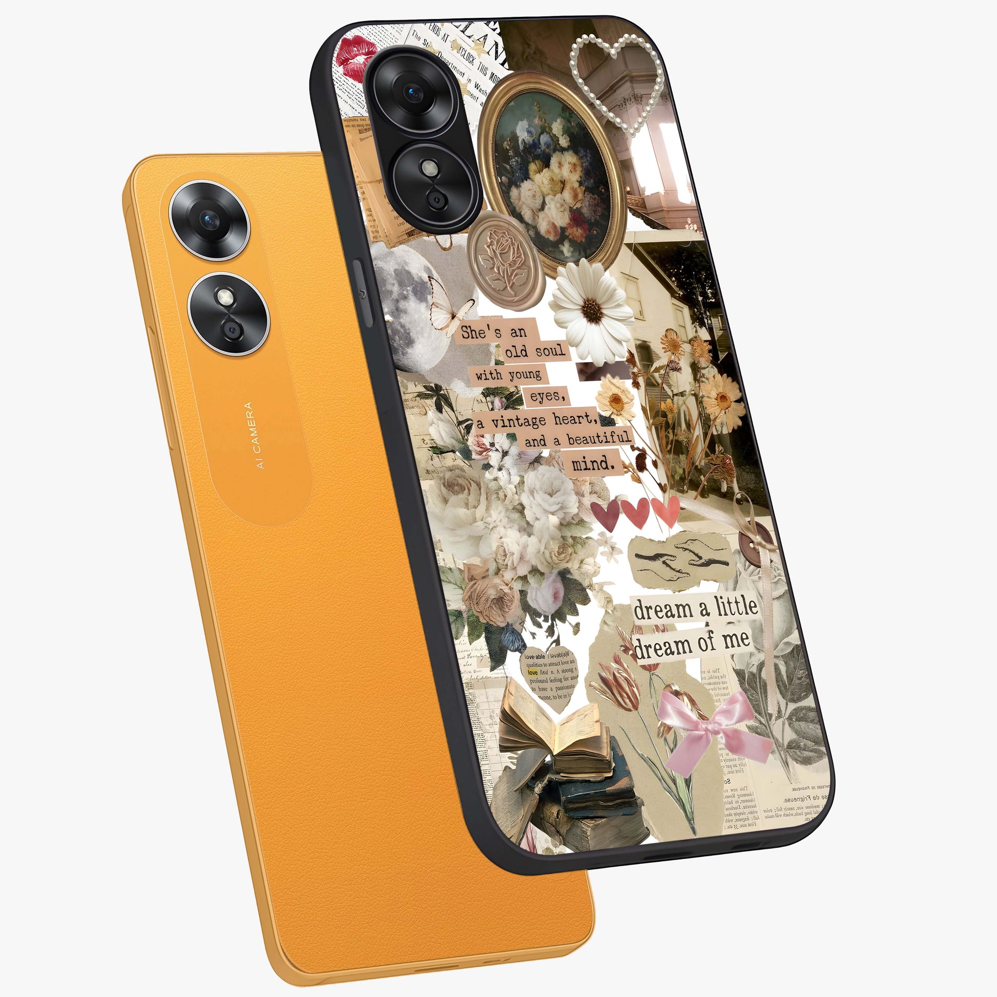 Aesthetic Brown Vintage Collage Glass Case displayed in angled mockup highlighting vintage aesthetic collage design.