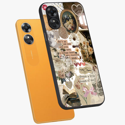Aesthetic Brown Vintage Collage Glass Case displayed in angled mockup highlighting vintage aesthetic collage design.