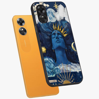 Aesthetic Lord Shiva Glass Case displayed in angled mockup highlighting spiritual Shiva illustration and sacred aesthetic design.