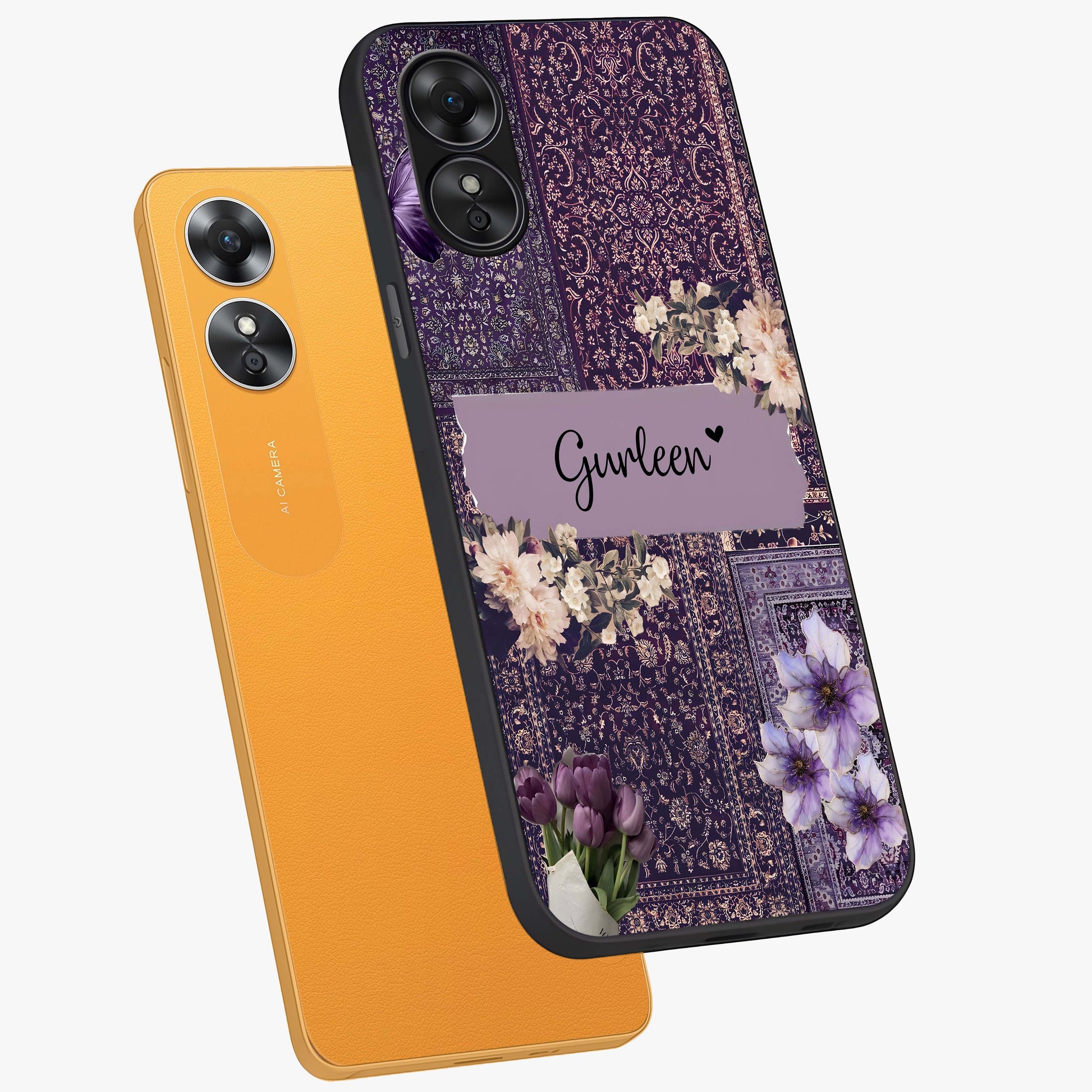 Antique Floral Whisper Custom Name Glass Case displayed in angled mockup highlighting elegant antique floral aesthetic.