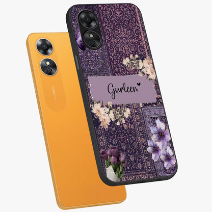 Antique Floral Whisper Custom Name Glass Case displayed in angled mockup highlighting elegant antique floral aesthetic.