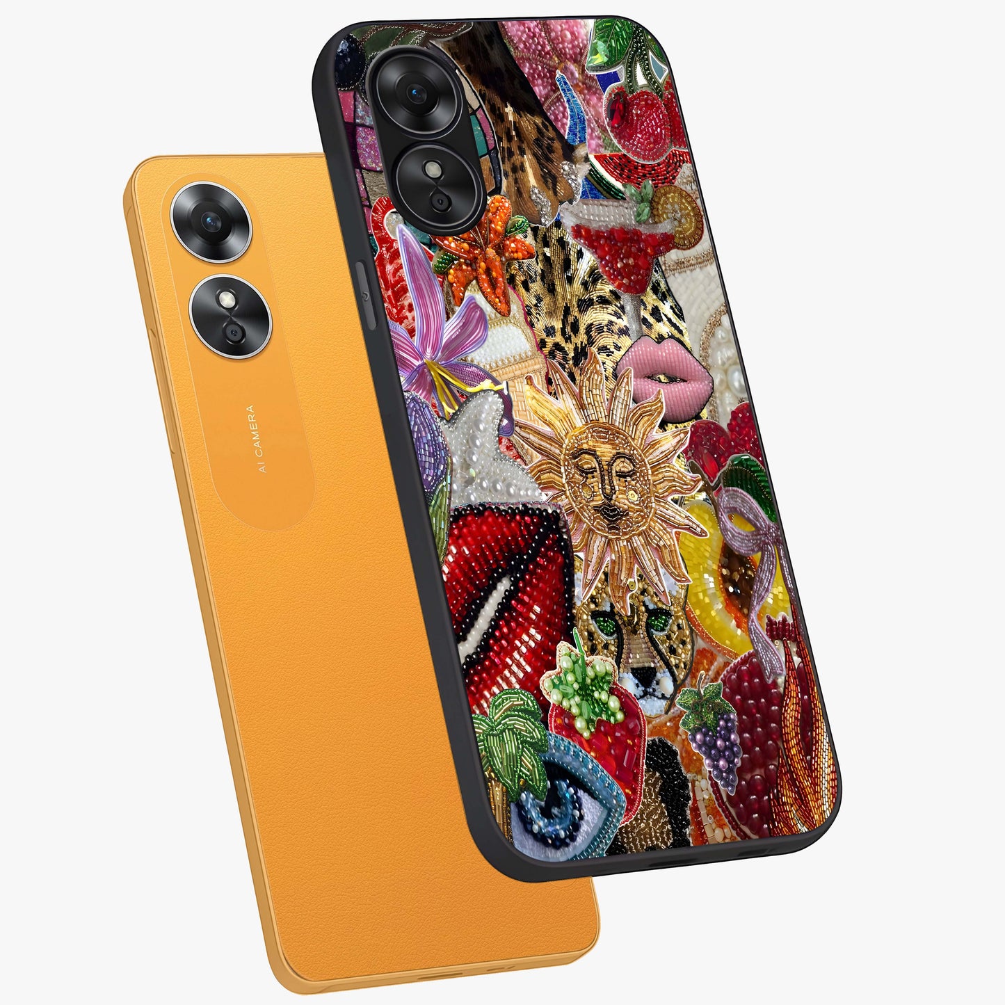 Beaded Fashion Jungle Glass Case displayed in angled mockup highlighting colorful fashion bead design and artistic pattern.