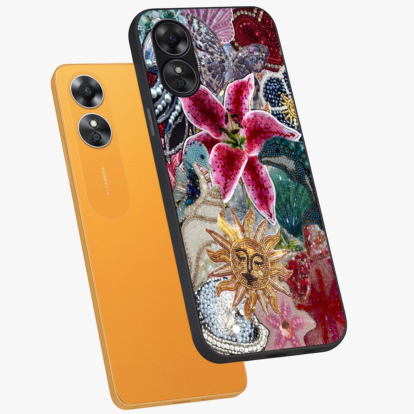 Beaded Garden Fantasy Glass Case displayed in angled mockup highlighting fantasy inspired floral bead pattern.