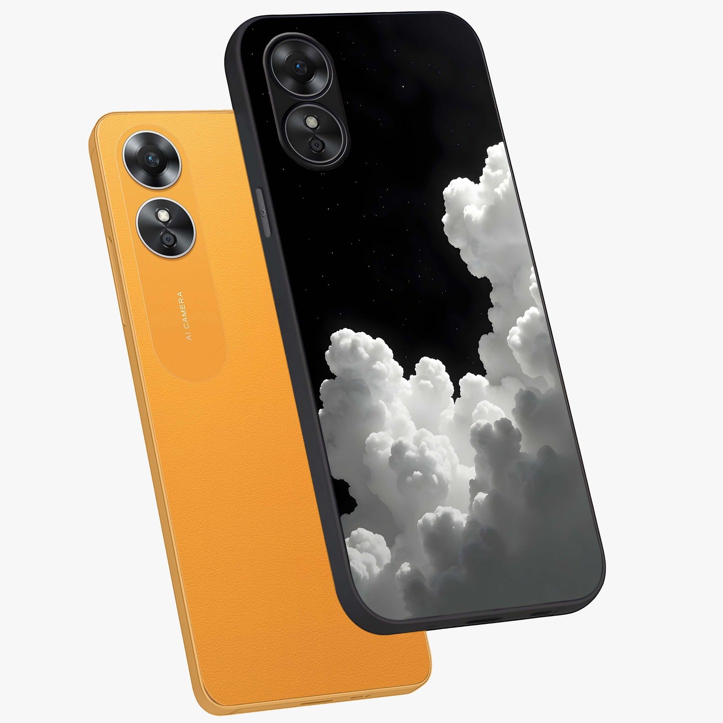 Black Background With White Cloud Glass Case displayed in angled mockup highlighting soft white cloud illustration and minimal design.