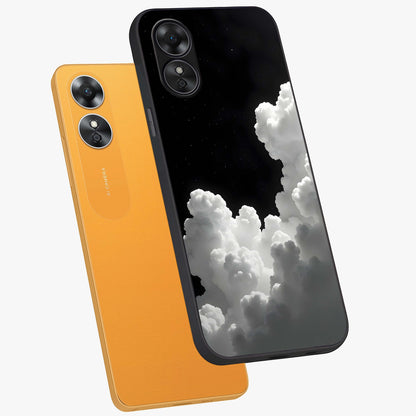 Black Background With White Cloud Glass Case displayed in angled mockup highlighting soft white cloud illustration and minimal design.