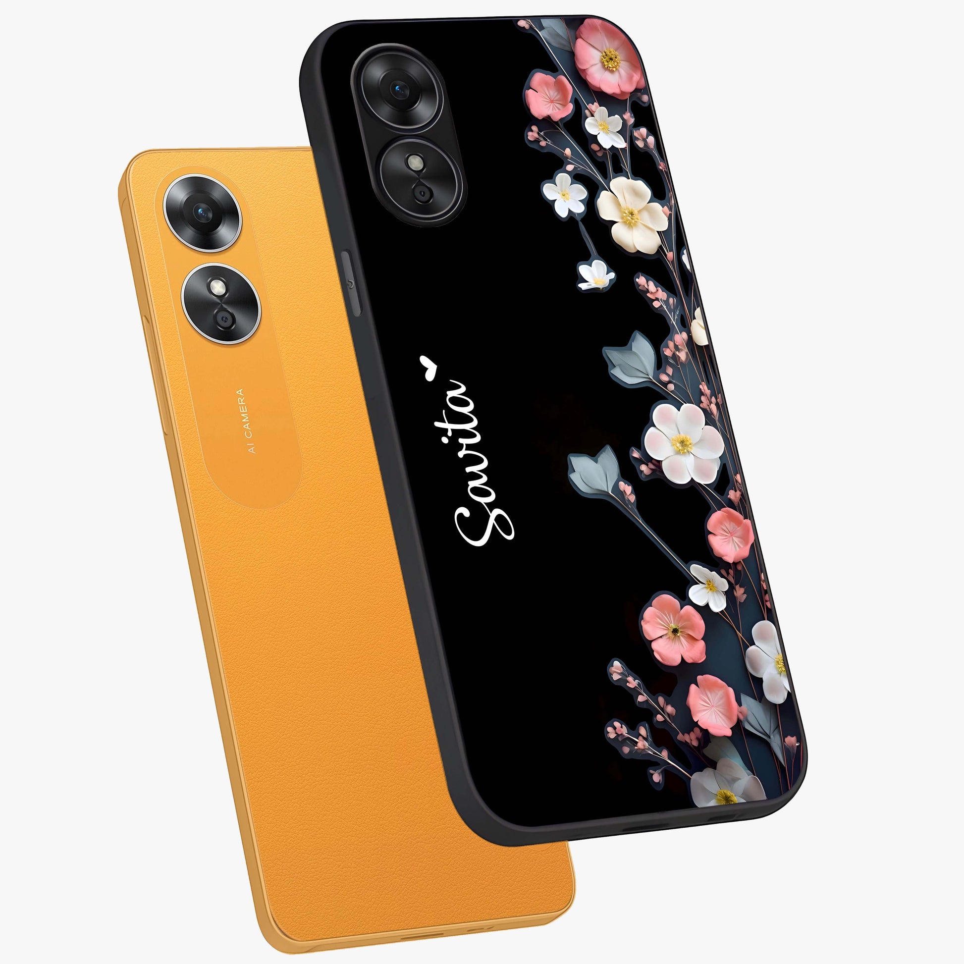 Black Elegance Floral Custom Name Glass Case displayed in angled mockup highlighting dark floral aesthetic and custom name feature.