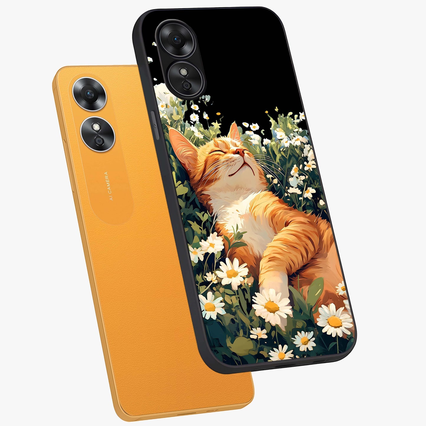 Blissful Bloom Cat Glass Case displayed in angled mockup highlighting playful feline illustration with soft floral aesthetic.