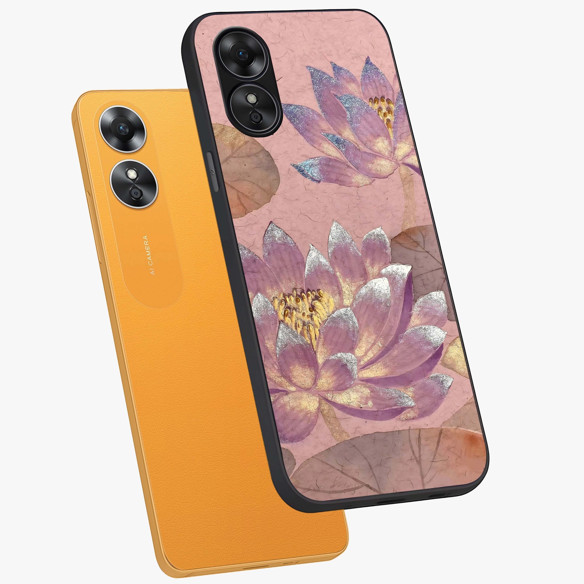 Blossom Mist Lotus Glass Case displayed in angled mockup highlighting delicate lotus illustration with calm aesthetic theme.