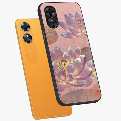 Blossom Mist Lotus Glass Case displayed in angled mockup highlighting delicate lotus illustration with calm aesthetic theme.