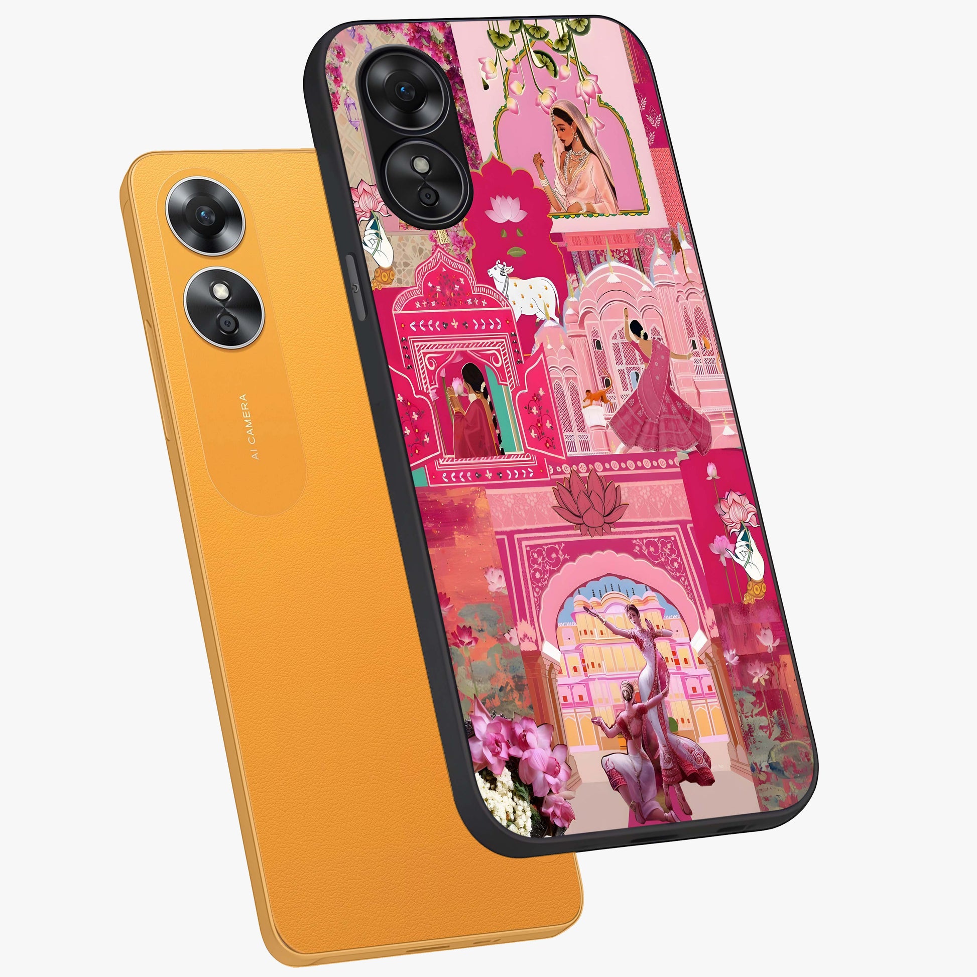 Blossoms of Rajasthan Glass Case displayed in angled mockup highlighting vibrant floral pattern with cultural aesthetic style.