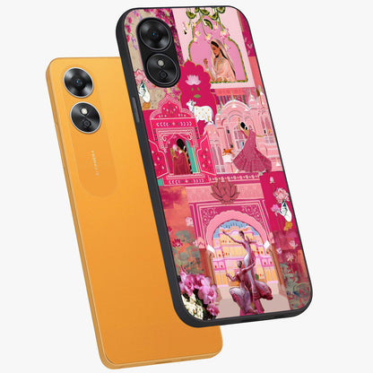 Blossoms of Rajasthan Glass Case displayed in angled mockup highlighting vibrant floral pattern with cultural aesthetic style.