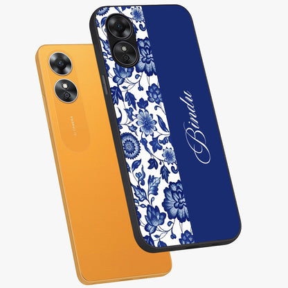 Blue Vintage Floral Pattern Glass Case displayed in angled mockup highlighting subtle bloom pattern with aesthetic pastel design.