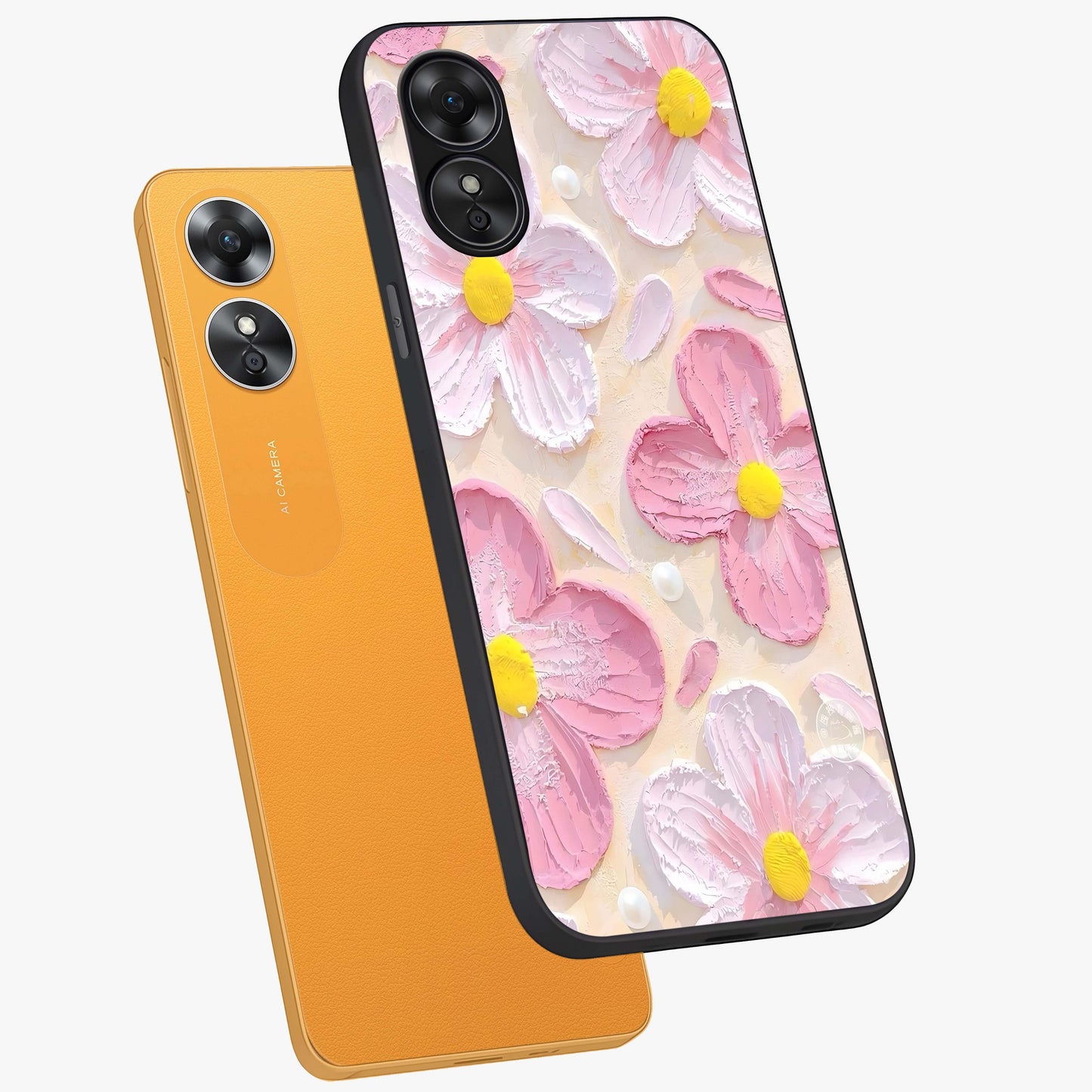 Blush Bloom Texture Glass Case displayed in angled mockup highlighting subtle bloom pattern with aesthetic pastel design.